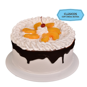 Pastel redondo de vainilla y durazno con tres leches